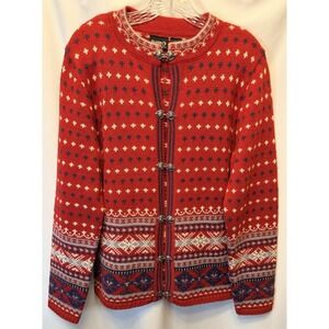 Guide Series Women's Medium Wool Blend Fair Isle Nordic Red Blue Knit Cardigan